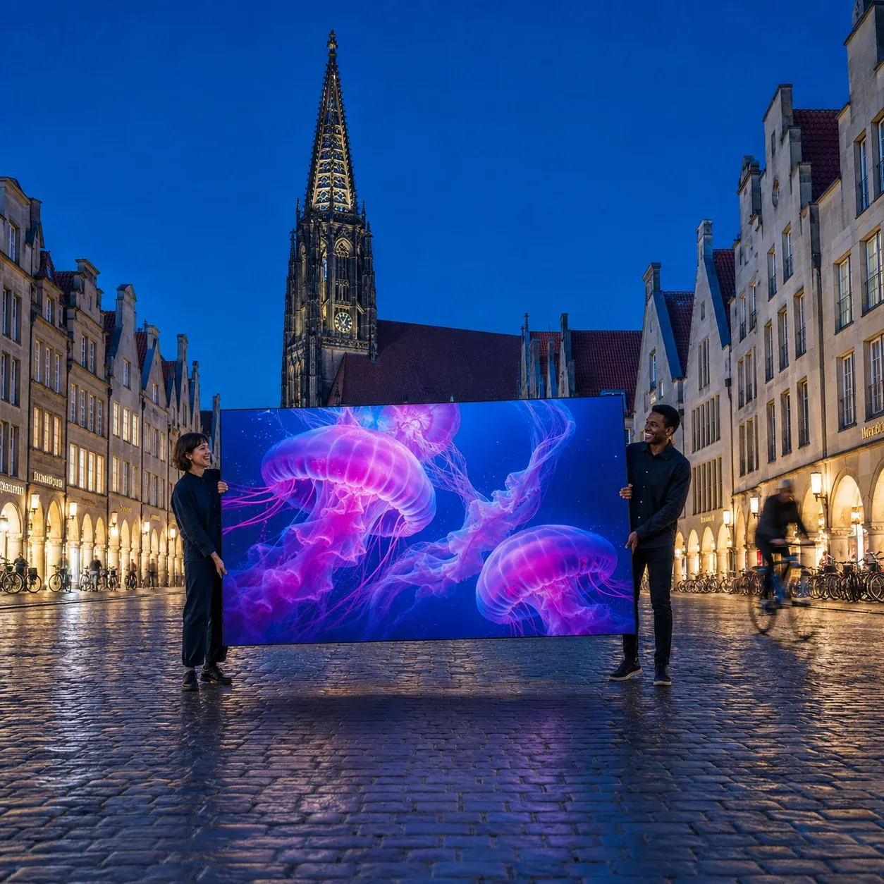Zwei Personen halten eine leuchtende Lichtwand am Abend auf dem Prinzipalmarkt in Münster