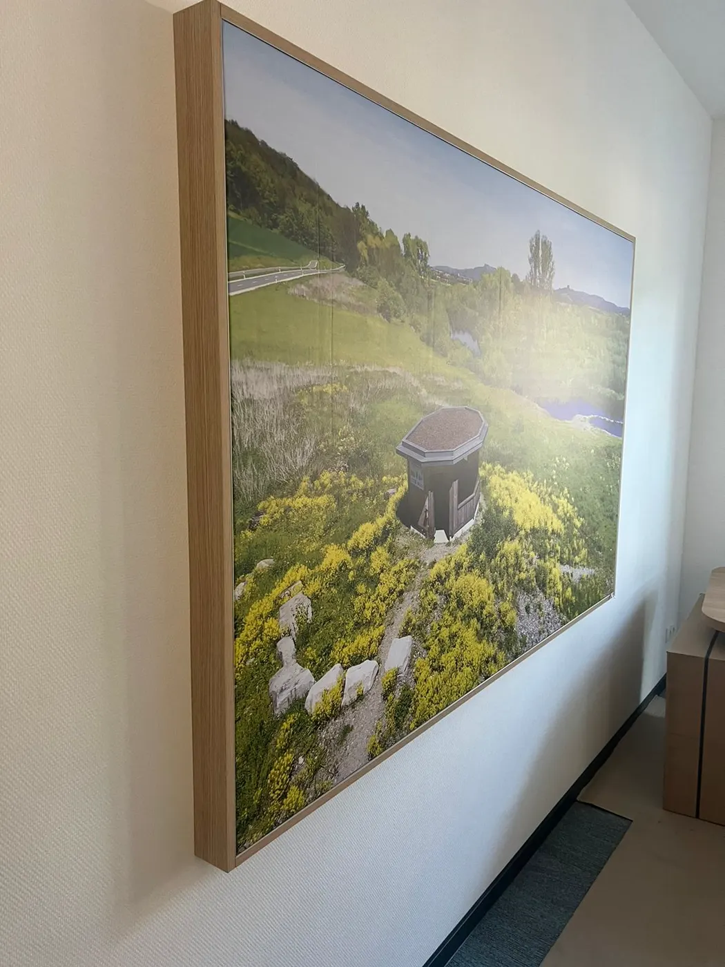 Landscape in a wooden frame on the corridor wall