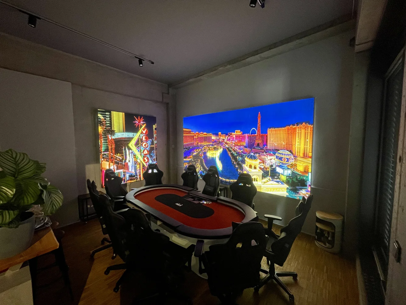 Poker room with light walls on two walls